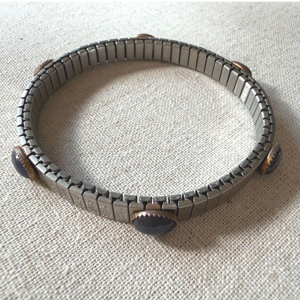 Vintage Silver Tone Expansion Bracelet with Amethyst Purple Cabochon Accents